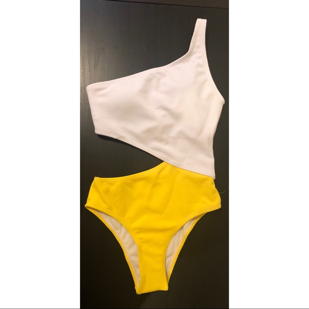 White and Yellow Cutout One Piece Swimsuit